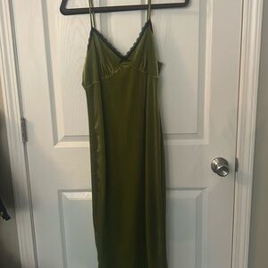 Olive green velvet dress with lace trim
